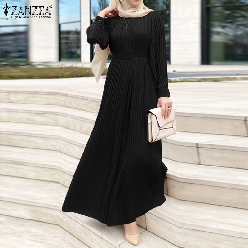 ZANZEA Women Fashion Casual Solid Color Long Sleeve O Neck Retro Muslim With Belt Maxi Dress