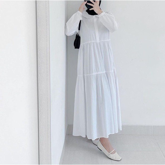 Felicia Midi dress Wanita muslim busui remaja kekinian ukuran M - XXL - putih tulang, M(S0V4) dress 
