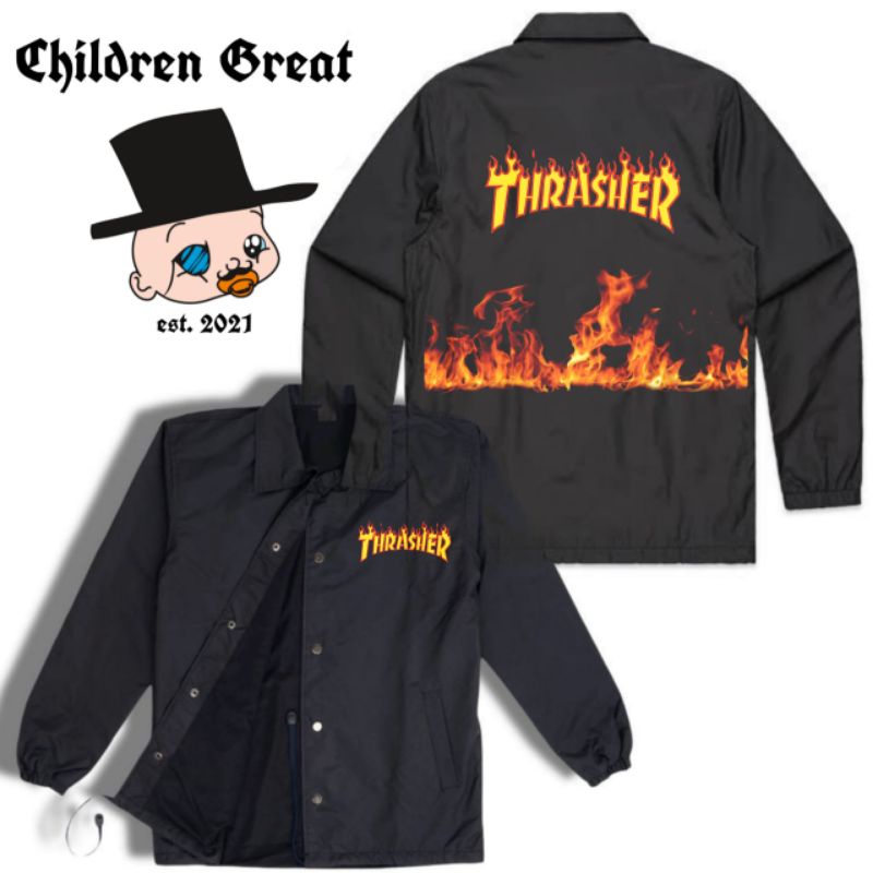 Coach jaket THRASHER jacket DISTRO VINTAGE parasut waterproof taslan polos hitam windbreakers H&M WI