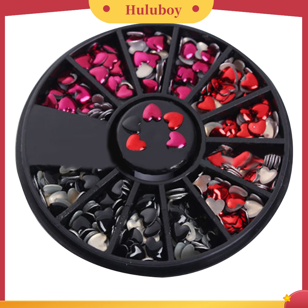 Huluboy Huluboy♡ 1 Kotak Roda Isi Stiker Rivet Bentuk Hati Bahan Metal Warna Campur Untuk Nail Art DIY