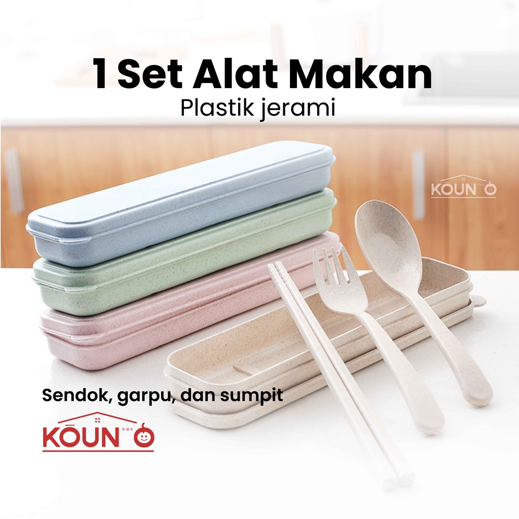 1 Set Alat Makan Sendok Garpu Sumpit + Box Plastik Jerami Wheat Straw Portable Travel Cutlery