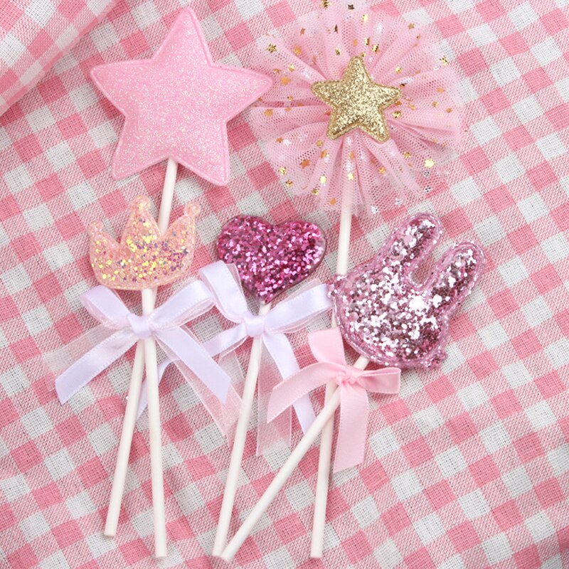 5pcs / Set Hiasan Topper Kue Dengan Bentuk Bintang / Hati / Mahkota Warna Pink Untuk Pesta