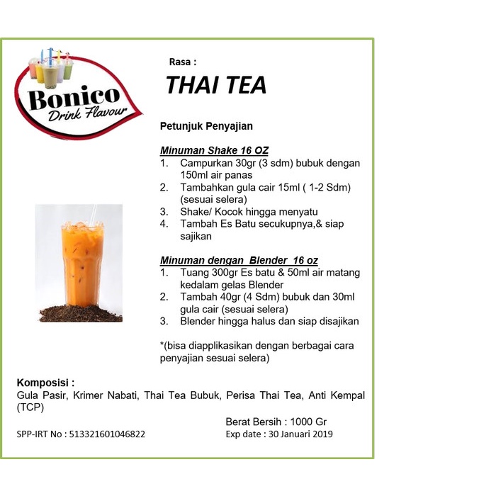 

B0621D Bonico Thai Tea Drink Powder 250Gr Bubuk Minuman Thaitea Milk Shake - Thai Tea 054