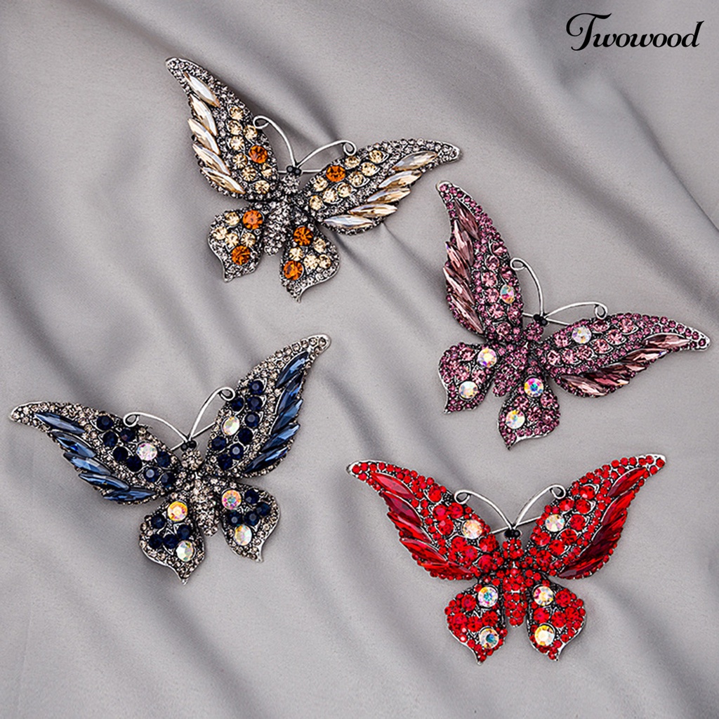 Twowood Butterflies Shape Vivid Lapel Pin Alloy Rhinestone Shiny Badge Brooch Pin Scarf Clip