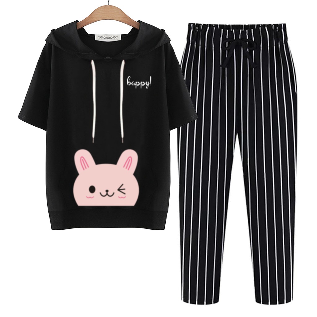 BESS - Baju Setelan Wanita Murah / Setelan Hoodie Crop Lengan Pendek + Celana Salur Hitam - HAPPY CAT