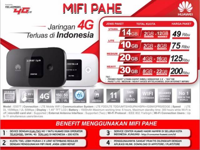 Mifi 4G Huawei E5577 Unlocked Free Tsel 14Gb 2Bln Support XL Go, Indosat, Three, Axis, Bolt