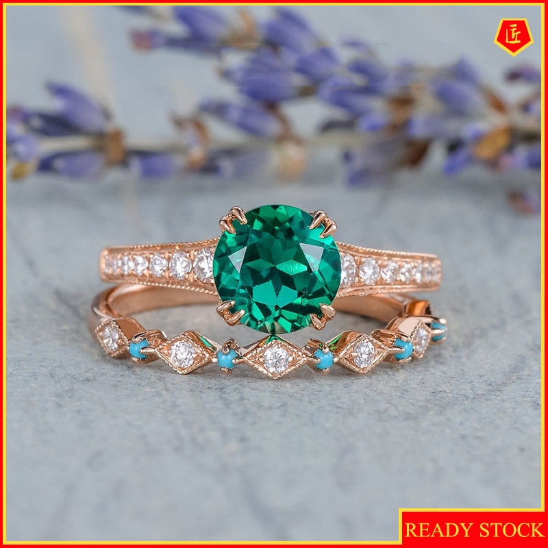 [Ready Stock]New Inlaid Emerald Ring 14K Rose Gold Elegant Graceful