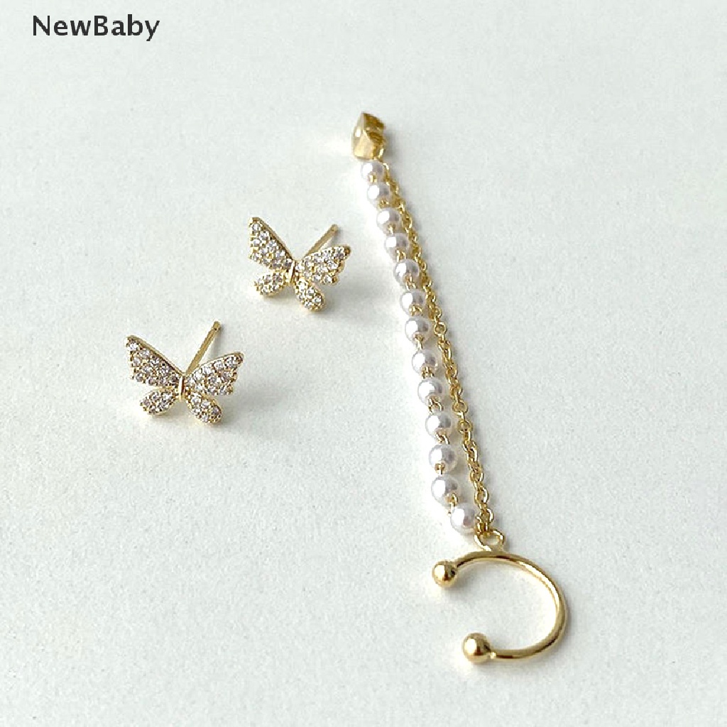 NewBaby Korean Elegant Rhinestone Butterfly Stud Earring With Metal Chain For Women Girl ID