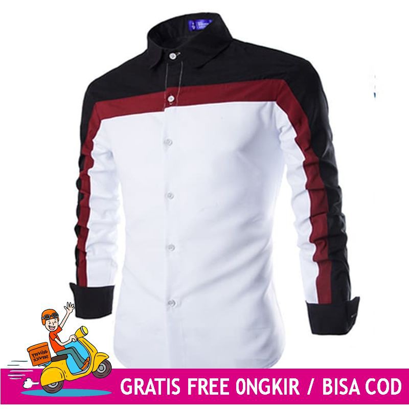 STRIT BAJU HEM KEMEJA DISTRO PRIA POLOS HITAM KOMBI MERAH LENGAN PENDEK REDPOLDY TROLISTORE
