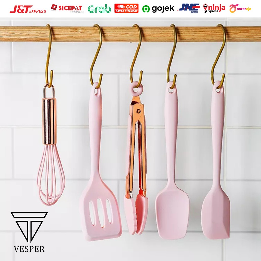silicone kitchen utensils mini 5in1 / alat masak silikon set spatula sutil egg beater food clip set-4
