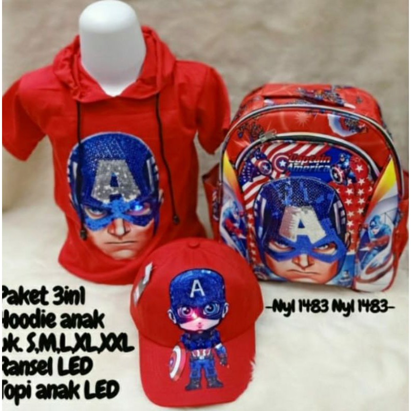 3in1 set tas kapten marvel+kaos kapten marvel+topi led kapten marvel