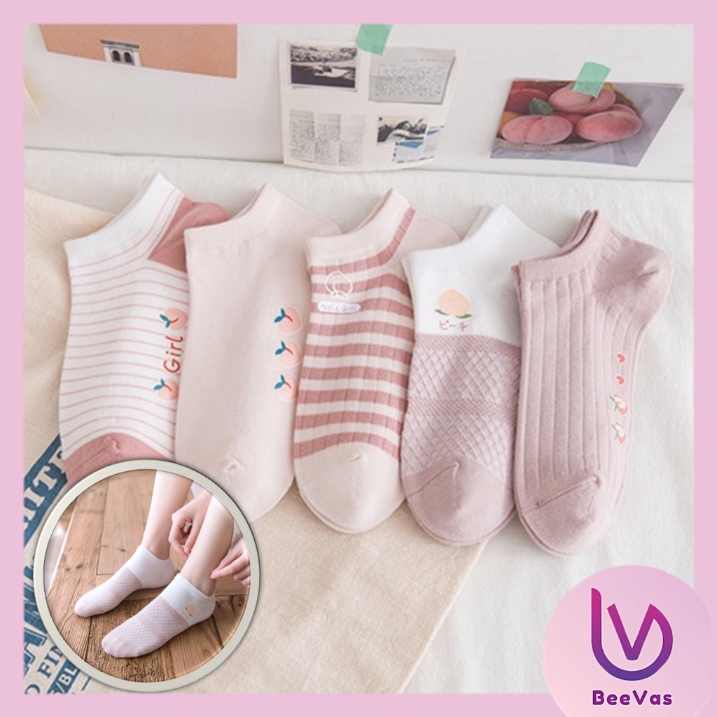 BV.ID KK707 Kaos Kaki Pendek Wanita Motif Warna Pink Fashion Korean Unisex Semata Kaki Putih Socks Import Ankle Socks