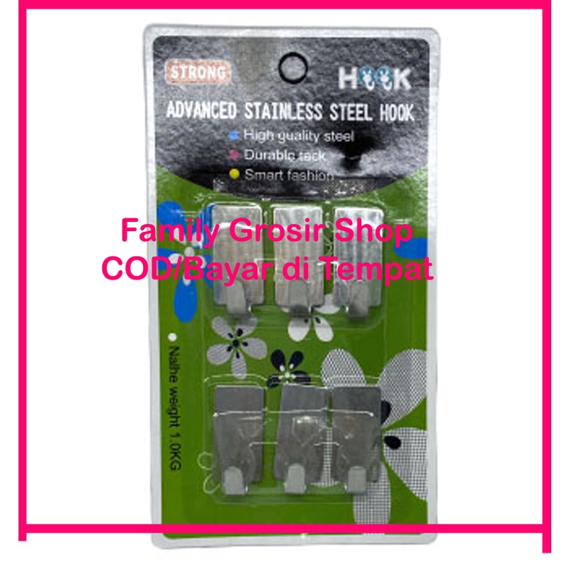 1 Set 6pcs Hook Tempel Persegi Stainless 3.5 x 1.5 cm - Cantolan Pengait Cantelan