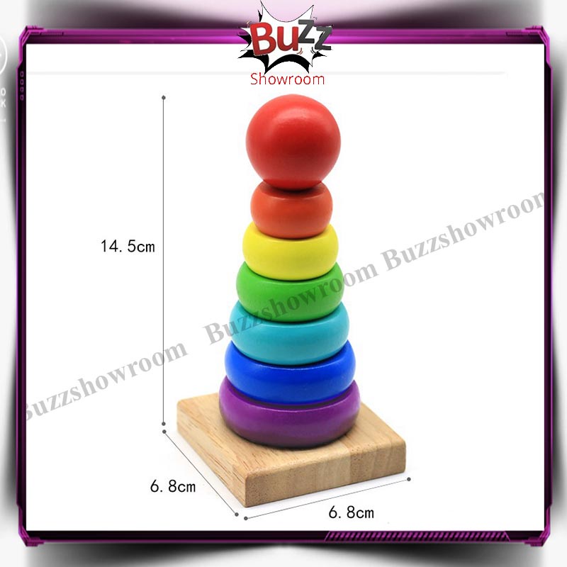 Rainbow Tower Ring Donat Pelangi Kayu Mainan Anak Bayi Montessori Wooden