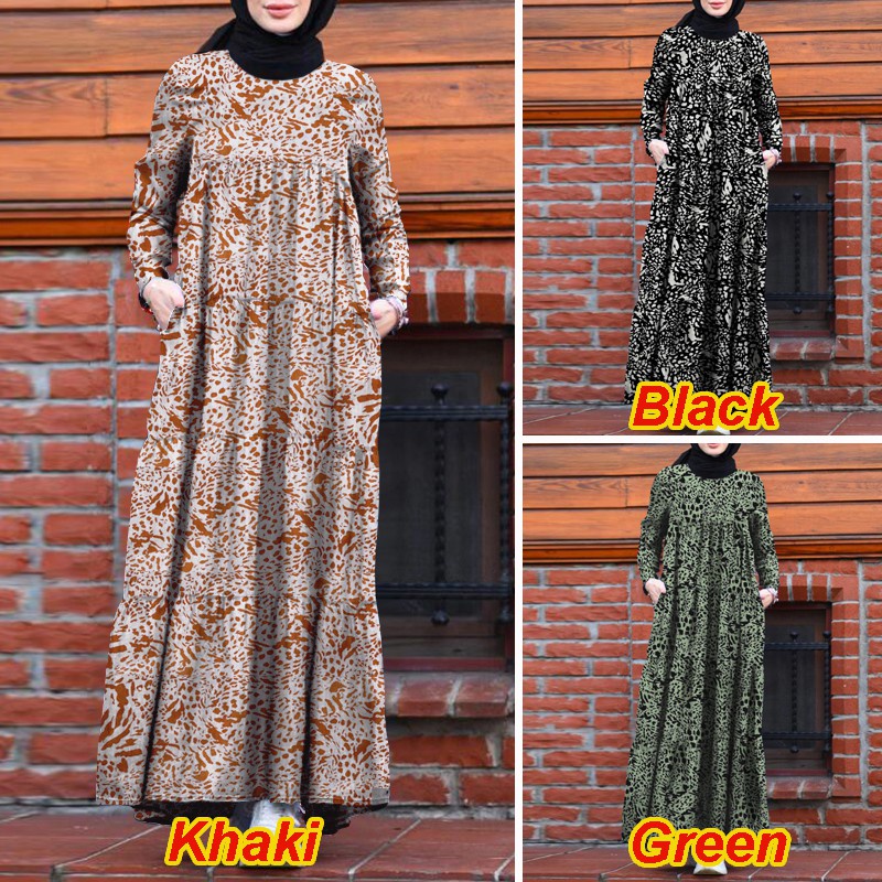 ZANZEA Women Long Sleeve Vintage Printed Muslim Loose Maxi Dress
