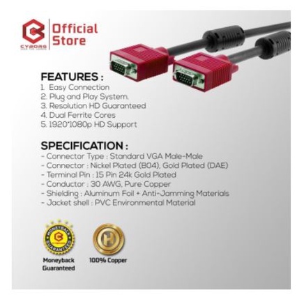 Cable vga cyborg 20 meter gold plated m-m 1080p Full HD for pc laptop monitor tv projector - Kabel vga 20m male