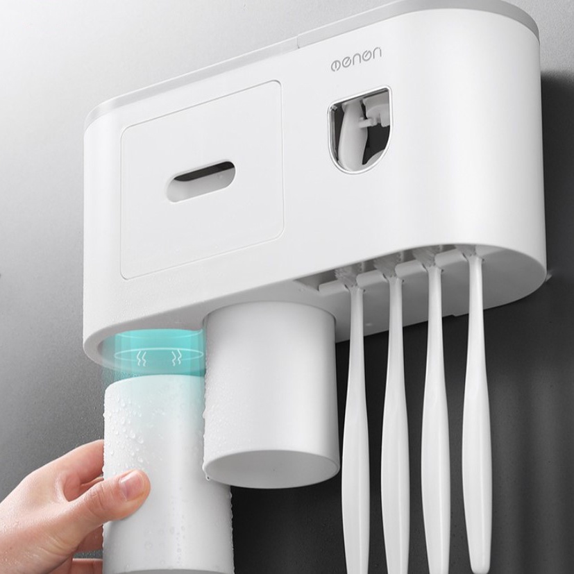 Dispenser Pasta Gigi Rak Gantung MOdern / Rak Gantung Kamar Mandi Organizer 3 Cup + Holder Smartphone