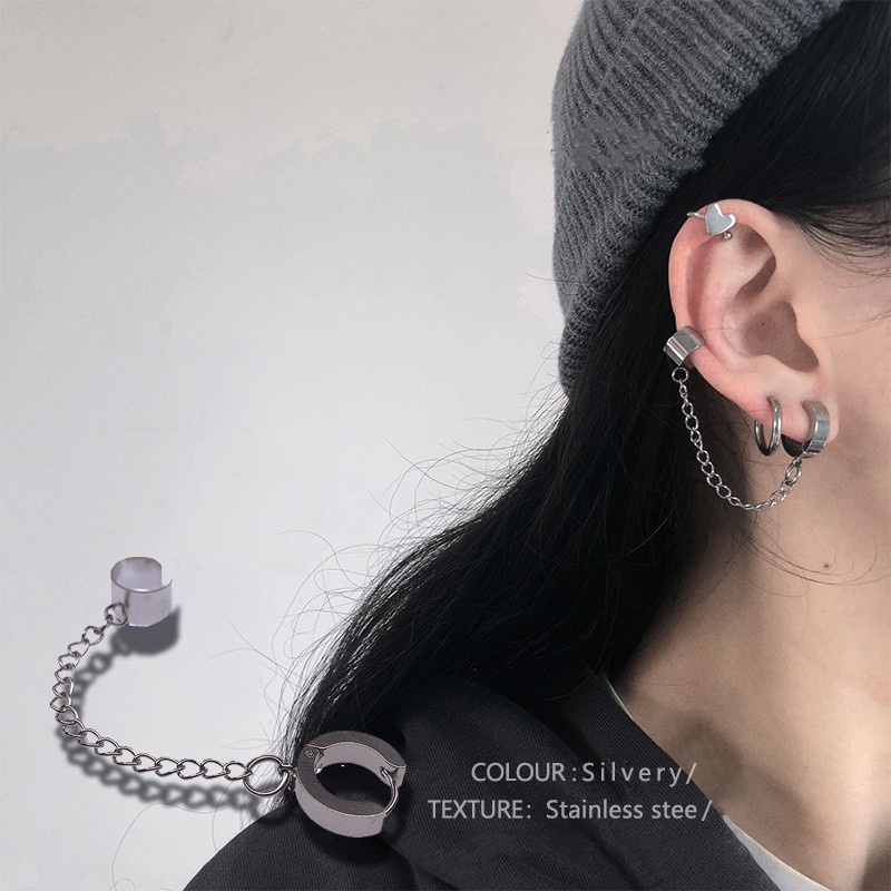 1pc Anting Klip Tanpa Tindik Bahan Stainless Steel Warna Silver Gaya Punk Untuk Pria / Wanita