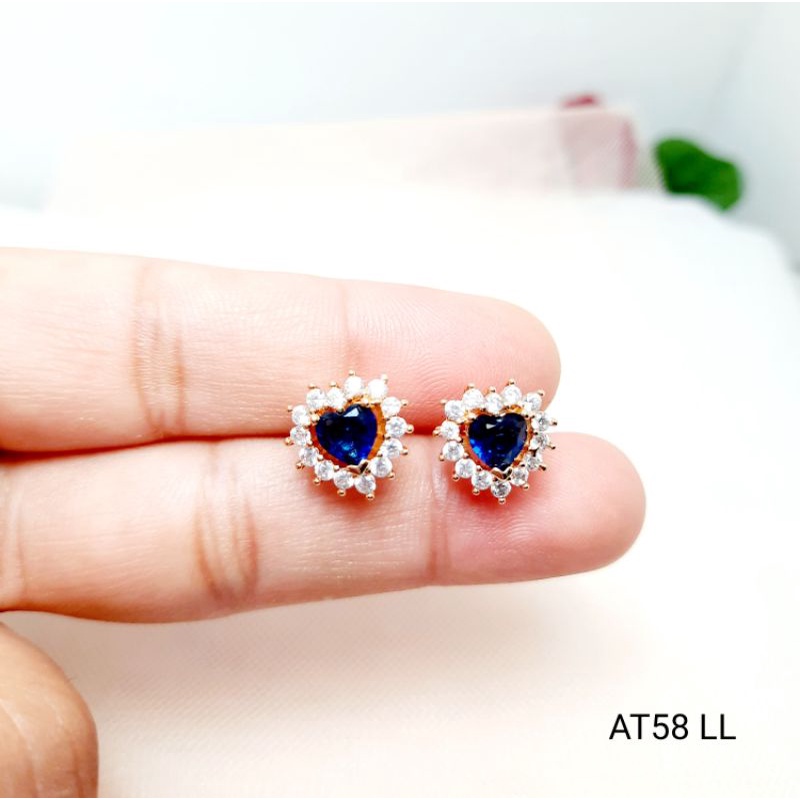 Anting wanita tusuk love gold permata biru lapis emas anti karat AT58 LL