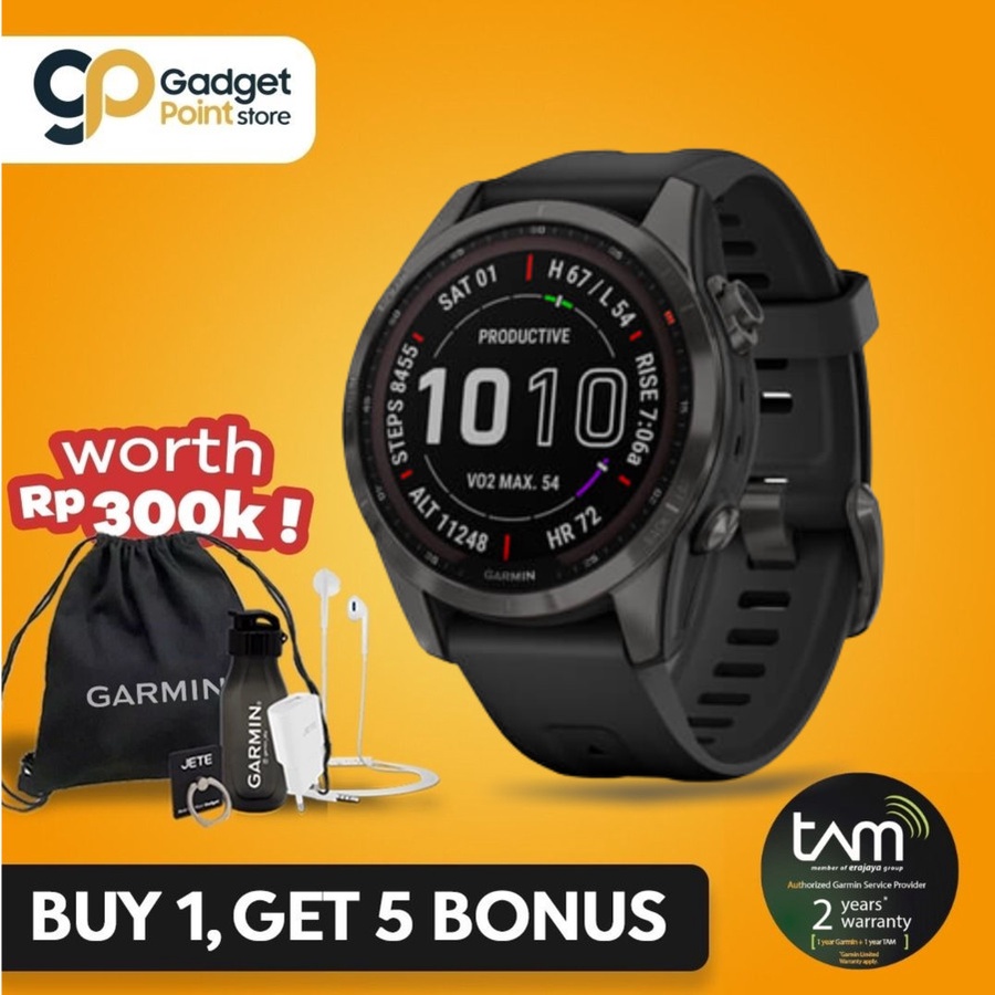 Garmin Fenix 7S Sapphire Solar Carbon Gray DLC Titanium with Black Band - Garansi Resmi TAM 2 Tahun