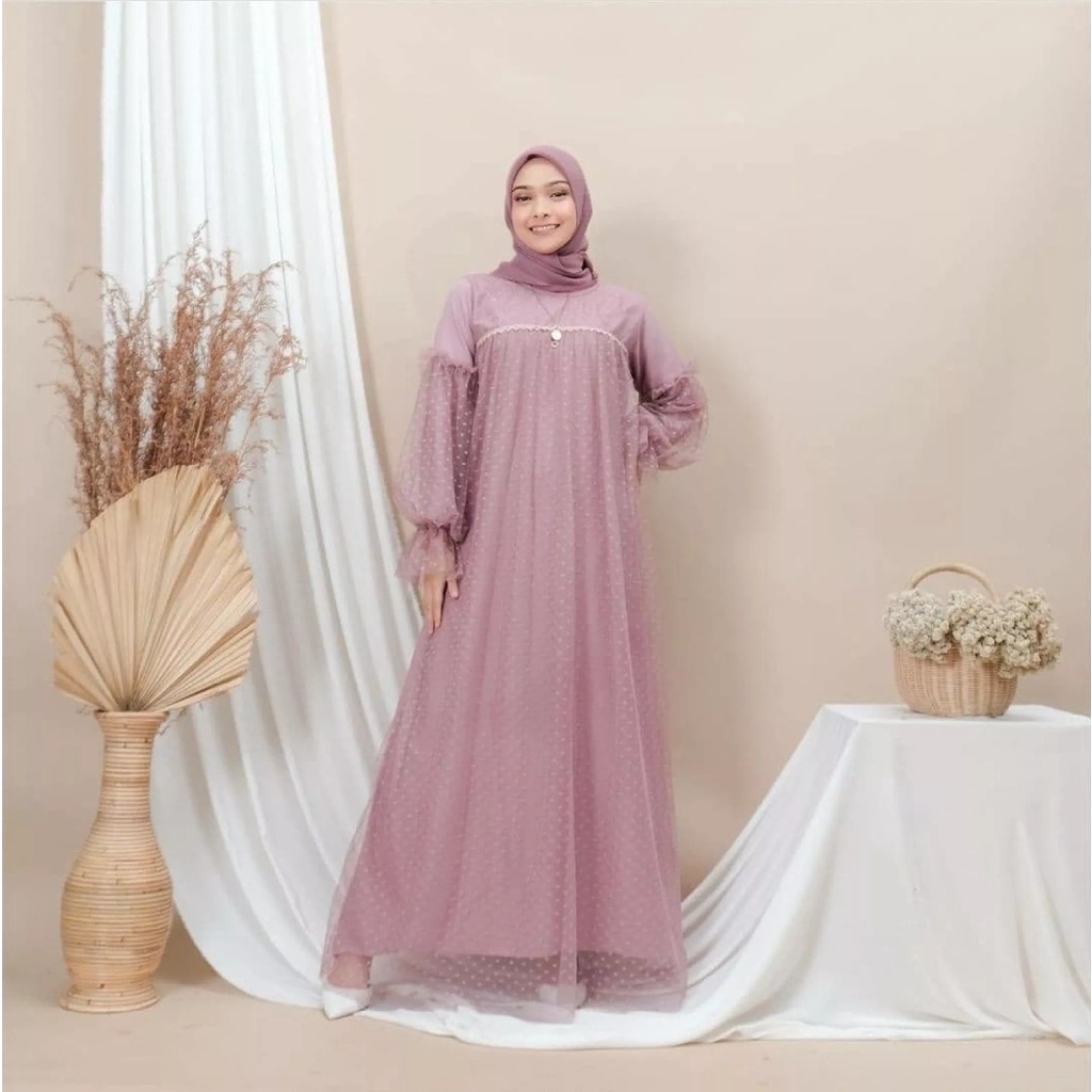 NEW- Raufa Dress Mosscrepe Mix Tille Dot JUMBO M-XL / BAJU DEWASA MURAH TERBARU 2021 / Gamis Kondangan Wanita