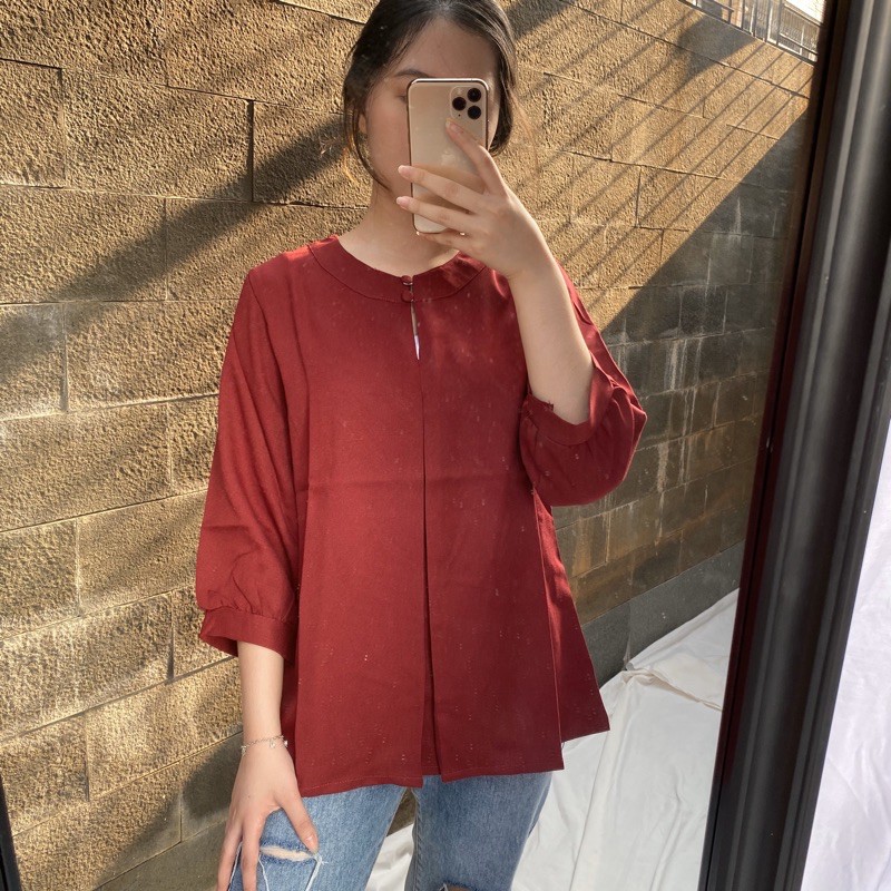 NYLA Blouse Kantor Korea 3/4 Sleeves Blus Jumbo Tunik Big Size A20-1958-maroon