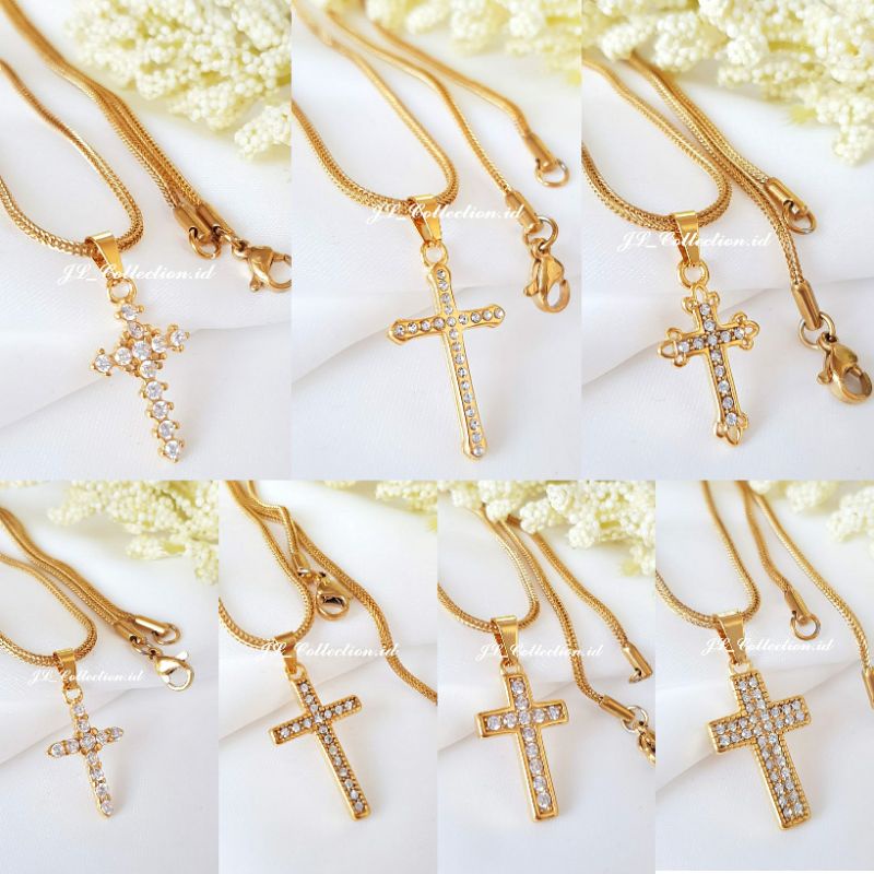 Kalung Salib Titanium Gold permata Kalung Salib Antikarat Bahan Titanium Emas