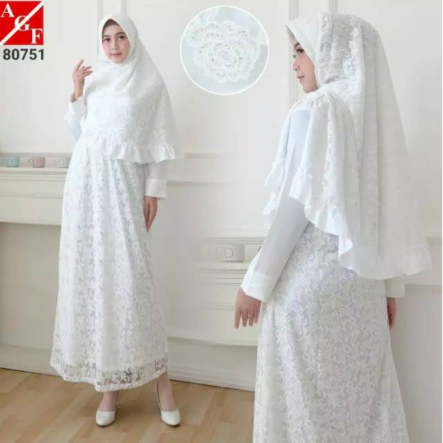 Set Baju Gamis Jilbab Putih Brukat Wanita Modern 80751 / Perlengkapan Haji Umroh Wanita
