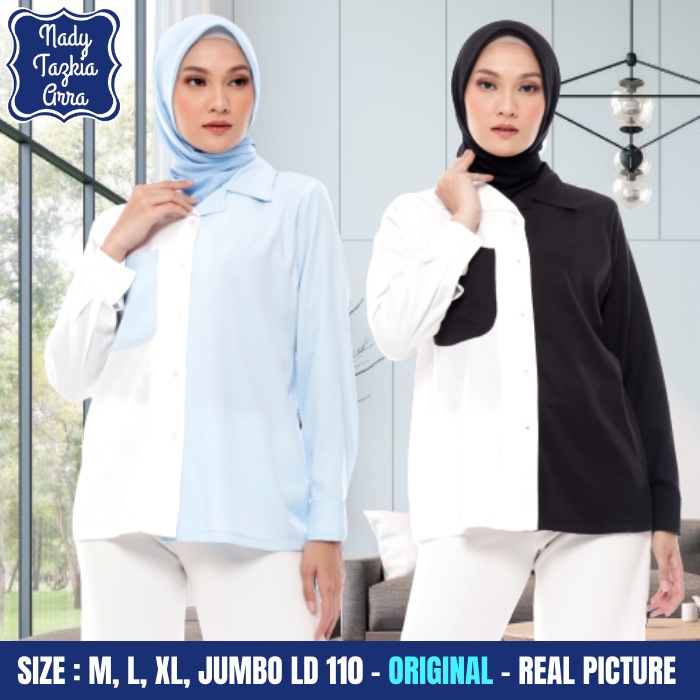 NADYTZK Baju Atasan Kemeja Kameja Hem Blouse Blus Seragam Kerja Kantor Kuliah Hitam Biru Putih Kombi