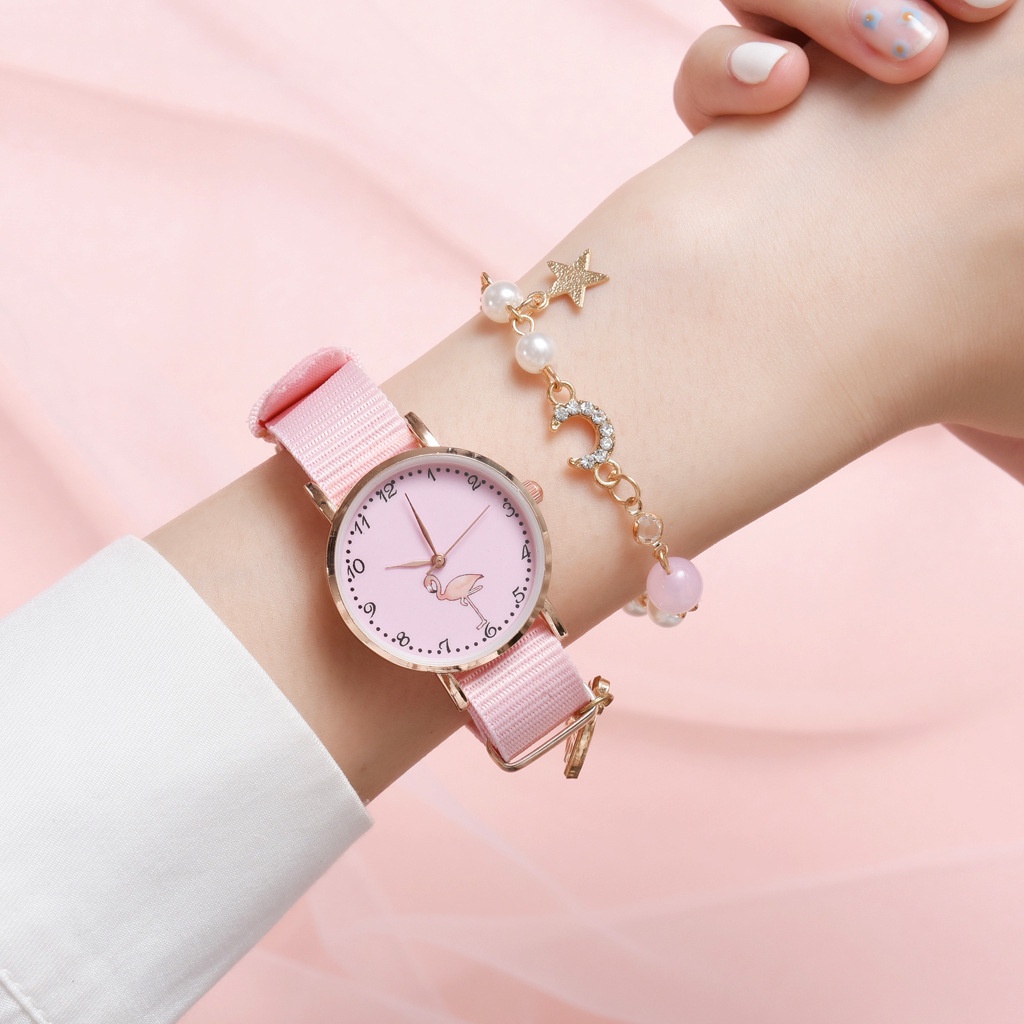 Jam Tangan Wanita Remaja Harajuku Nylon PINK EDITION Korean Style Strap Canvas Motif Unicorn Fashion Import