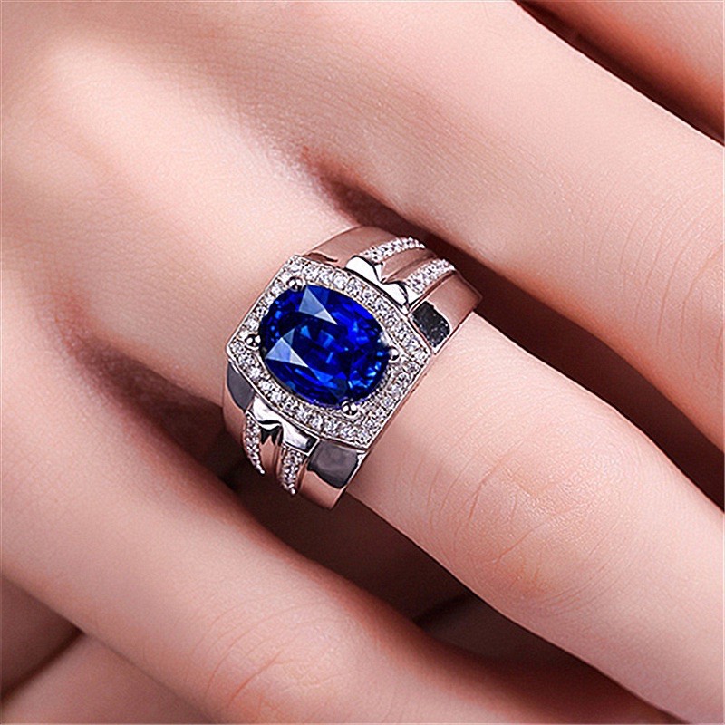 Cincin Pria Akik Safir Biru Ring Warna Perak Zircon Blue Saphire