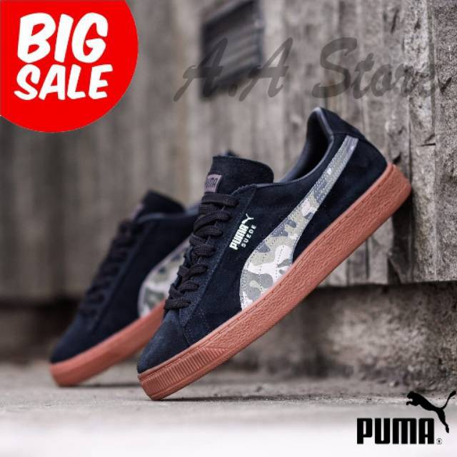 SNEAKERS COWOK HITAM BIRU MISTY  PUMA SUEDE BLACK CAMO GUM SEPATU SNEAKERS PRIA
