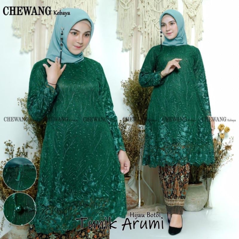 Cod/real pict stelan tunik padang/tunik modern/kebaya pesta/kebaya kondangan/kebaya wisuda-set ijo botol