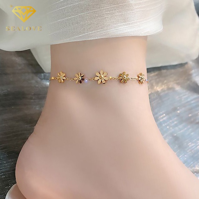 SEALOVE Gelang Kaki Titanium Wanita Anti Karat Bunga Daisy Emas 18k Perhiasan Korea