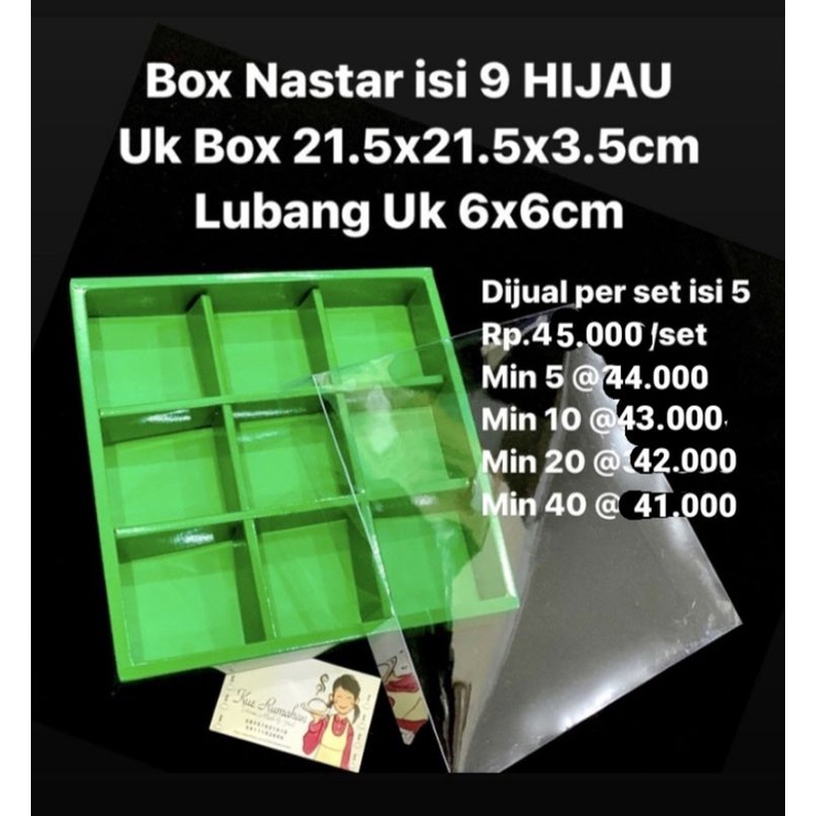 

Box Nastar Isi 9 HIJAU Lubang Uk 6x6cm DIJUAL PER PAK ISI 5 BOX