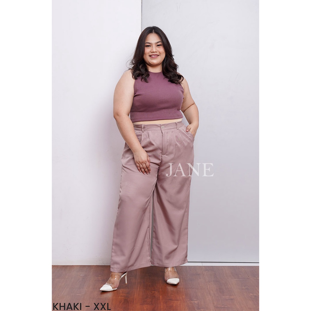 JANE COLLECTION || Celana Kain Formal Kerja Wanita Kulot High Waist Fashion Celana Panjang Jumbo Kantor Korea Bahan Pinggang Karet Kancing - Korean Longpants Ara BIGSIZE M L XL XXL Hitam Putih Olive Khaki Cream Choco