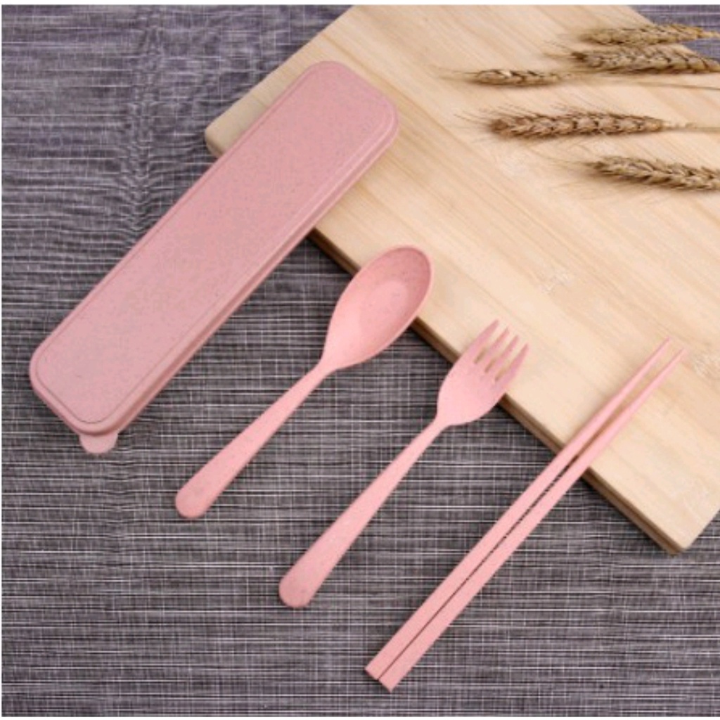 Paket Sendok Garpu Korea Sumpit Jerami Set Alat Makan Free Kotak Cantik