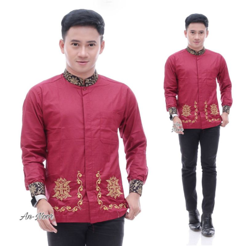 ATASAN BAJU KOKO BATIK MOTIF PINTU ACEH LENGAN PANJANG SIMPEL MERAH HITAM BORDIR GOLD M L XL LEBARAN