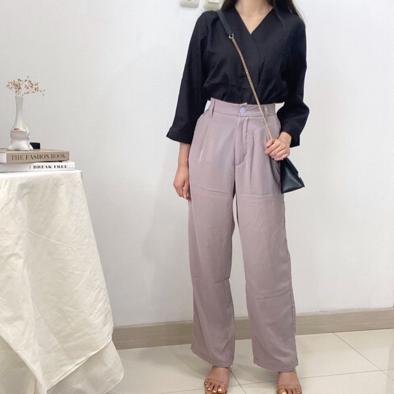 KANA Basic Long Pants / Loose Button Kulot / Celana Bahan Korea / Celana Linen Wanita / Celana Satu Kancing Kantor P3