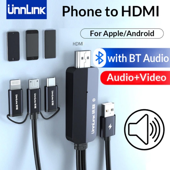 USB Type C Micro USB  Lightning to HDMI Mirror Cast Cable MHL with Bluetooth Audio - UN30 - Black