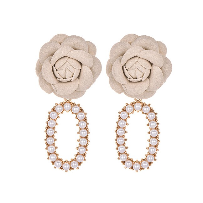 LRC Anting Tusuk Fashion Alloy Pearl Fabric Flower Earrings F340XX