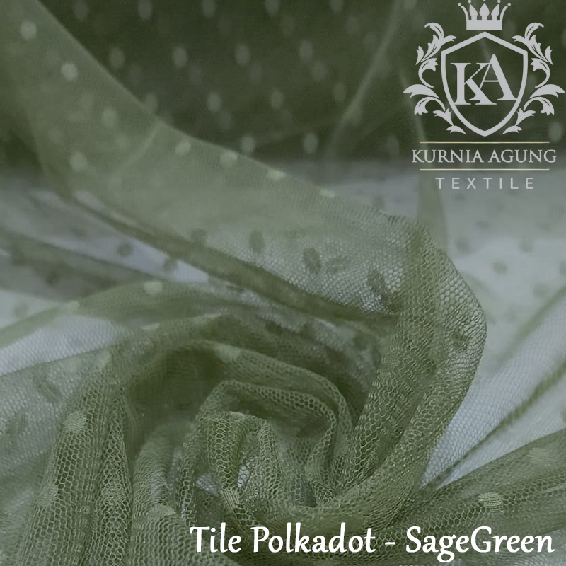 Kain Tile Tulle Polkadot SAGE GREEN / Tile DOT Bahan Gaun Gamis Dress Wanita Meter dan 0.5 Meter Lebar 140cm