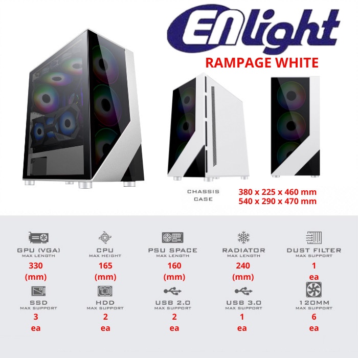 CASING ENLIGHT RAMPAGE - WHITE TEMPERED GLASS GAMING CASE