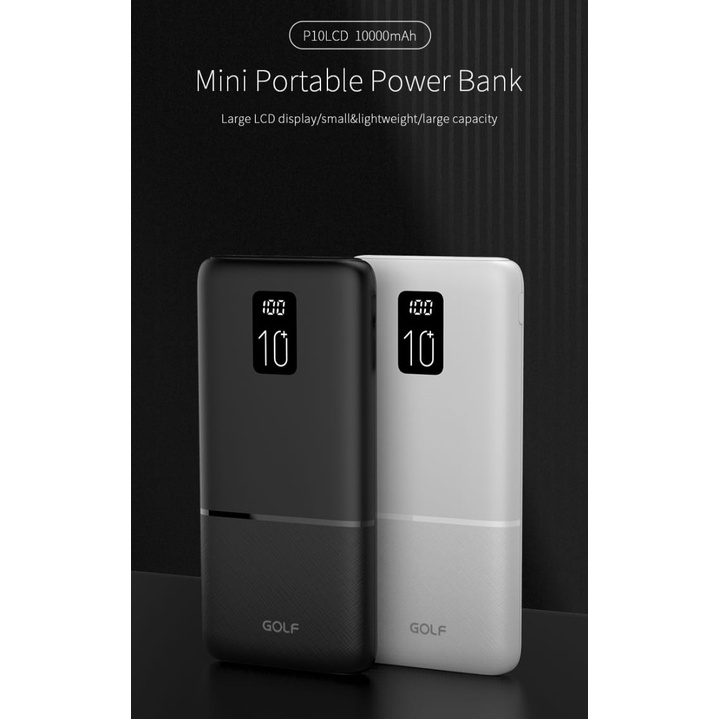 NEW GOLF POWERBANK P10 LCD PD + QC 22.5W 10000Mah REAL CAPACITY Fast Charging  Warna : Black  - 2 Usb  Output Fast Charge QC 22.5watt - Input : Micro /Type c - Type C Output : PD 22.5watt  KUALITAs