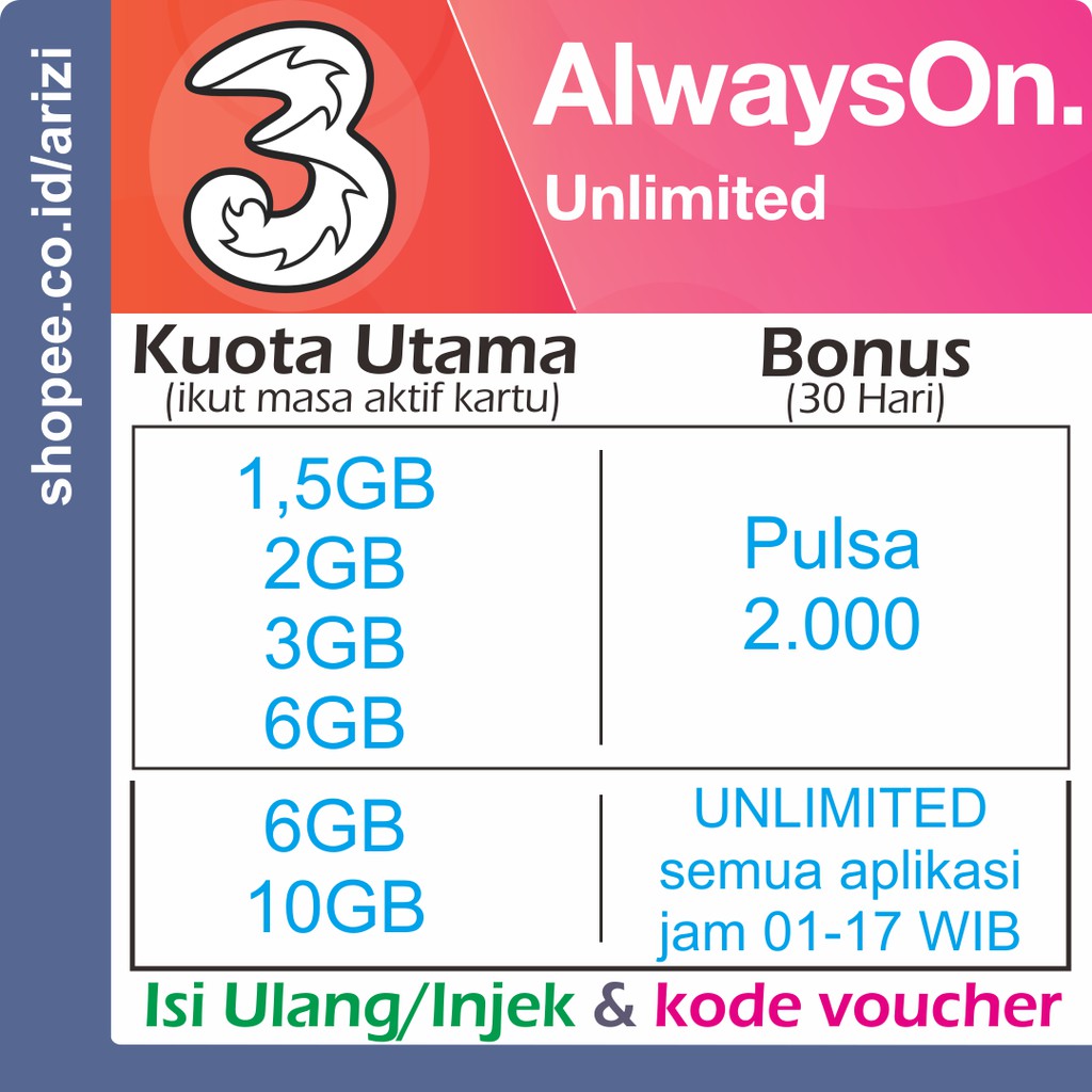 Tri 3 Three Unlimited Always On Aon 1 5gb 2gb 3gb 6gb 10gb Shopee Indonesia