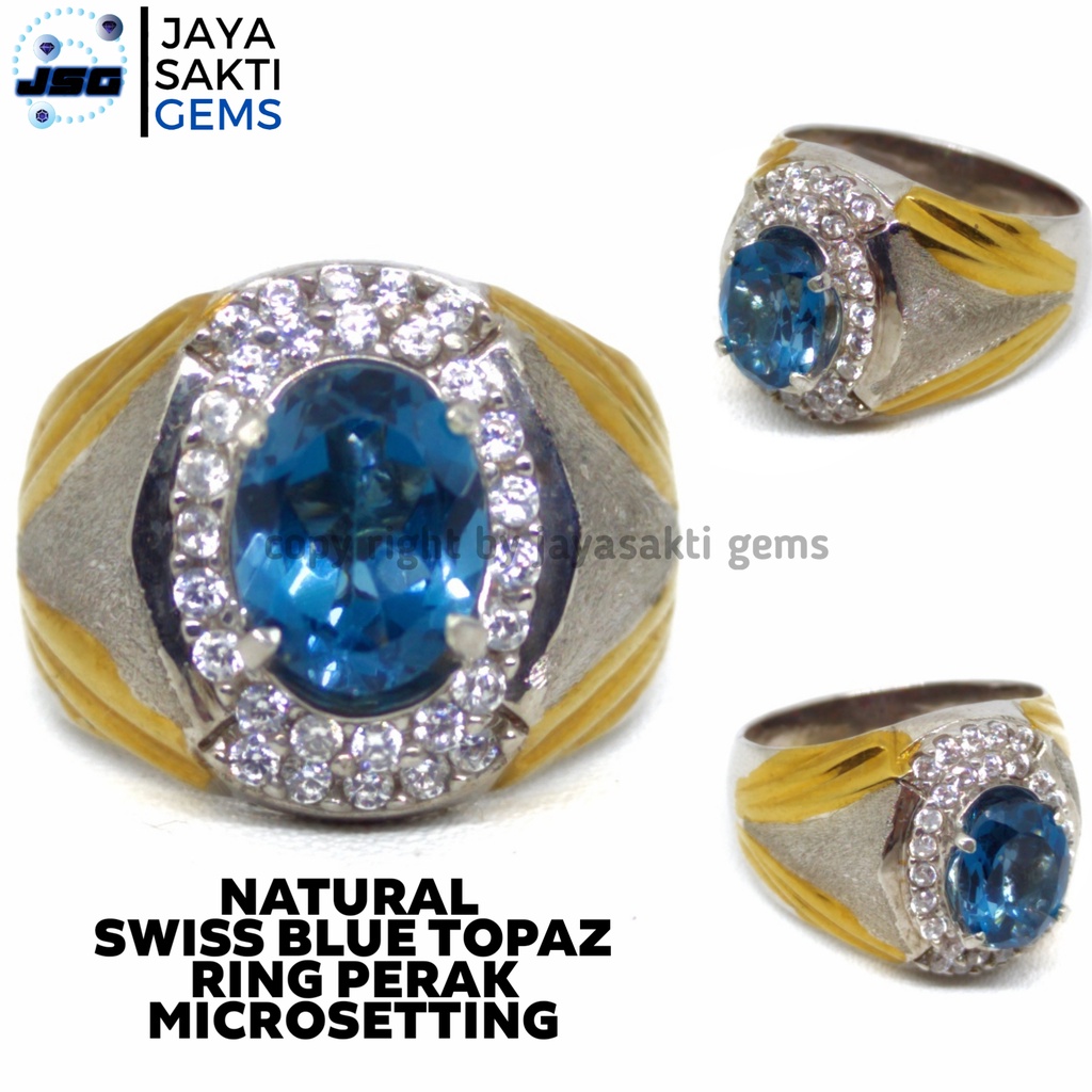 Natural Batu Permata Swiss Blue Topaz Ring Perak Free Memo