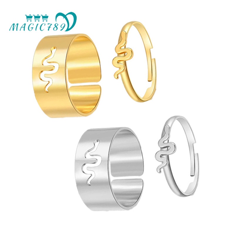 Magic789 2PCs Unisex Silver Gold Metal Snake Rings Set for Women Men Punk Couple Ring Jewelry