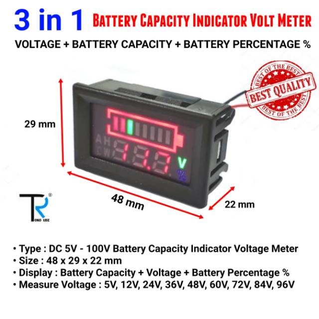 Voltmeter Digital DC 5V - 100V, 3 in 1 Volt Meter Display Indikator Kapasitas Baterai Volt Voltase Persen