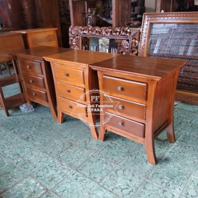 Nakas laci 3 meja hias kecil pendek kayu jati minimalis