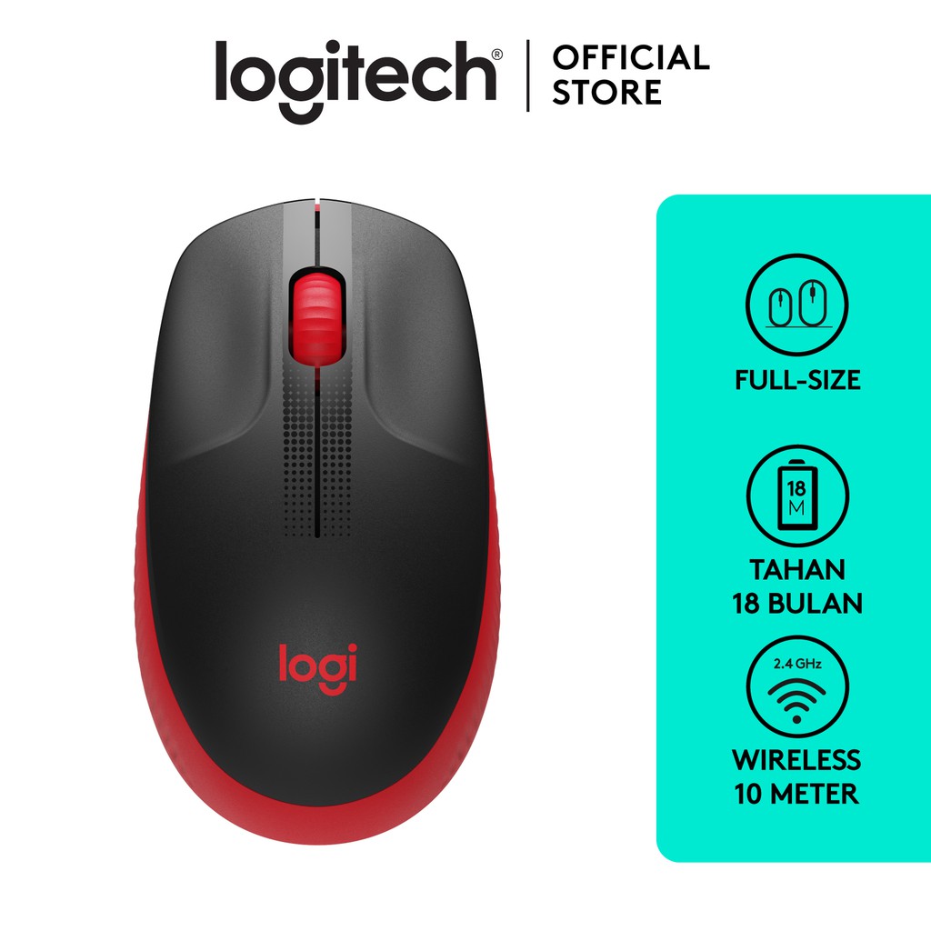 Logitech M190 Mouse Wireless Full Size untuk Windows, Mac, Chrome OS & Linux - Red